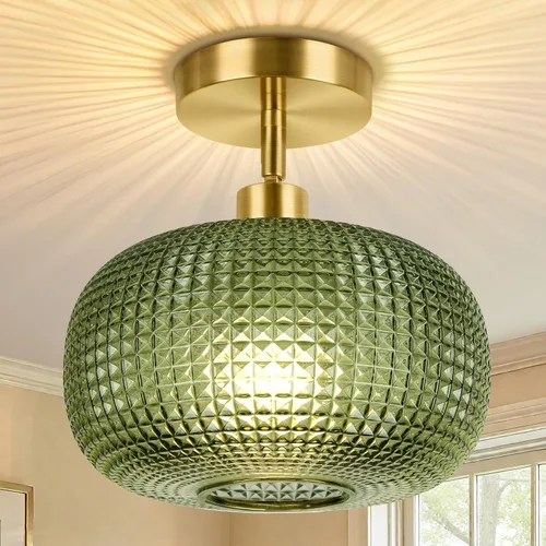 Vista 12 de ROTTOGOON Lámpara de techo semiempotrada, luces de techo inclinadas doradas ajustables con pantalla de vidrio ámbar, modernas lámparas de pasillo