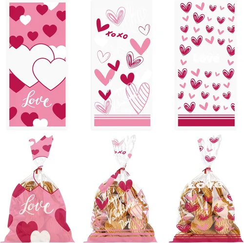 Vista 8 de 150 bolsas de celofán para el día de San Valentín, bolsas de regalo de celofán con corazón de cupido rojo, bolsas de regalo de celofán transparentes