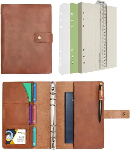 Vista 21 de WONDERPOOL Cuaderno de cuero recargable, cuaderno en espiral, carpeta de carpetas de diario A5 con puntos y bolsillos interiores para viajes, Marrón
