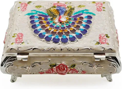 Vista 3 de Joyero de aleación de metal con diseño de rosas de pavo real vintage, de lujo, caja de almacenamiento, anillo y baratija para mujeres y niñas, rosa