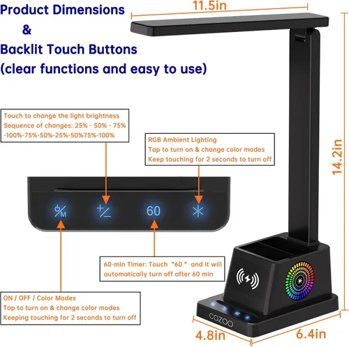 Vista 6 de cozoo Lámpara de escritorio, lámparas de escritorio LED para oficina en casa, cargador inalámbrico pequeña lámpara de escritorio con soporte