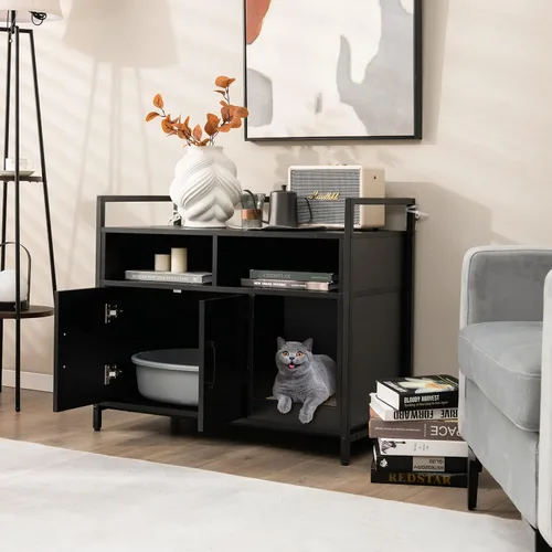 Vista 3 de Giantex Recinto de Caja de Arena para Gatos - Mueble Oculto para Baño de Gatos con Entrada Frontal, Rascador, Armario de Almacenamiento de 2