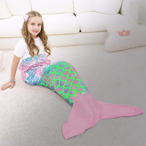 Vista 9 de WERNNSAI Manta de Cola de Sirena para Niños - Manta Ponible de Sirena que Brilla en la Oscuridad para Niñas de Invierno Franela Suave con Escamas