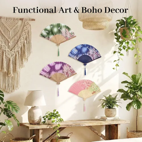 Vista 6 de JOHOUSE 4 abanicos plegables de tela floral con borla, elegantes abanicos de boda para invitados, ventilador plegable chino, ventilador de mano