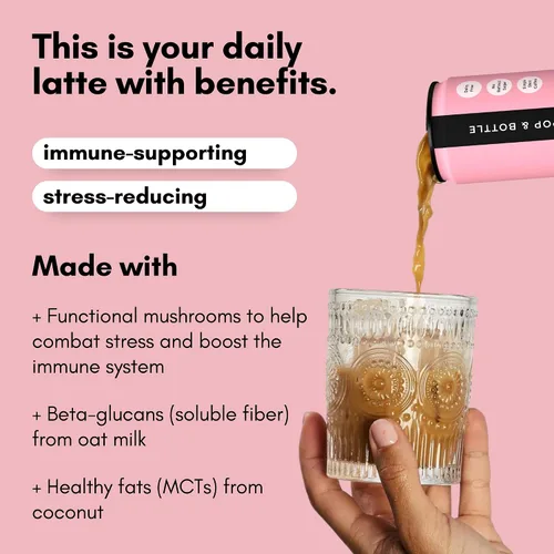 Vista 4 de Pop & Bottle, Lattes de leche de avena, infusión fría con melena de león y reishi, aceite MCT, infusión fría de un solo tiro, champiñones, orgánico
