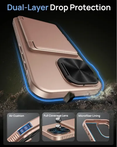 Vista 6 de Funda para iPhone 16e con Tarjetero y Cubierta de Lente de Cámara con Soporte, Protección contra Caídas de Grado Militar a Prueba de Golpes Oro rosa