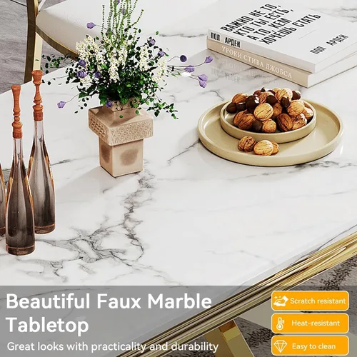 Vista 4 de Juego de mesa de comedor de mármol para 6, mesa de cocina rectangular de mármol blanco de 68 pulgadas con patas en X de acero inoxidable dorado