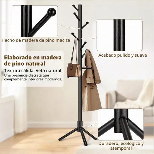 Vista 6 de Perchero de madera independiente, altura ajustable, soporte de madera maciza con 8 ganchos de extremo de bola, base de trípode estable, árbol