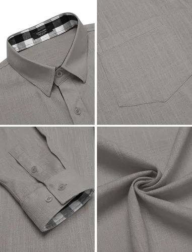 Vista 5 de COOFANDY Camisa de vestir casual de lino para hombre, cuello a cuadros, manga larga, con botones