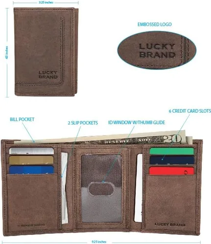 Vista 8 de Lucky Brand Trifold RFID de cuero ranurado para hombre, marrón, OSFA, Marrón