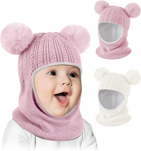 Vista 9 de Conjunto de 2 gorros de invierno para bebé, gorro para niño con calentador de cuello, gorro de punto cálido para clima frío Negro y gris