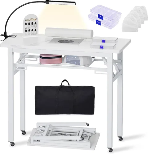 Vista 12 de Mesa de manicura plegable portátil con colector de polvo, escritorio de tecnología de uñas rodante con lámpara LED, reposamuñecas, ruedas