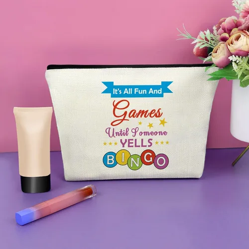 Vista 2 de Sazuwu Bolsa de maquillaje para juegos de bingo, regalos para amantes del bingo, bolsa de cosméticos, bolsa de juegos de azar de la suerte de casino