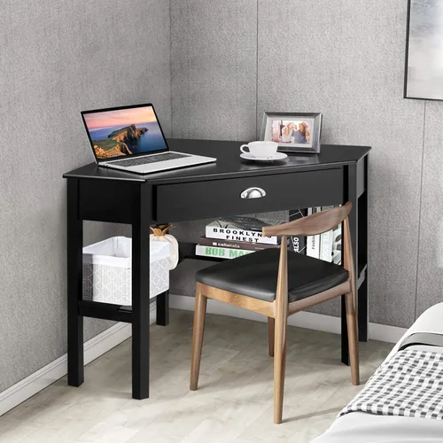 Vista 2 de KOTEK Escritorio esquinero con cajón y estantes, escritorio de madera para oficina en casa, escritorio de computadora triangular, escritorio