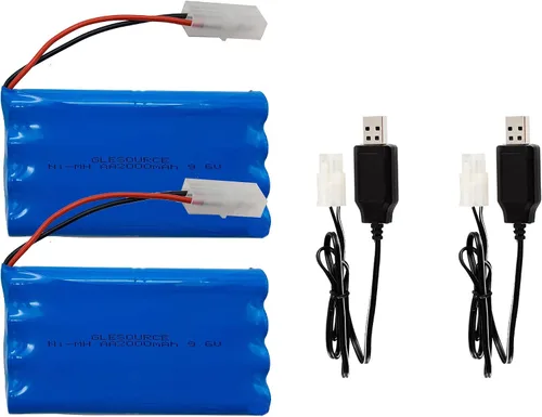 Vista 2 de Paquete de 2 baterías NiMH de 9.6 V de 2000 mAh RC con conector Tamiya estándar para automóvil RC, robots con (2 unidades) cable de carga USB