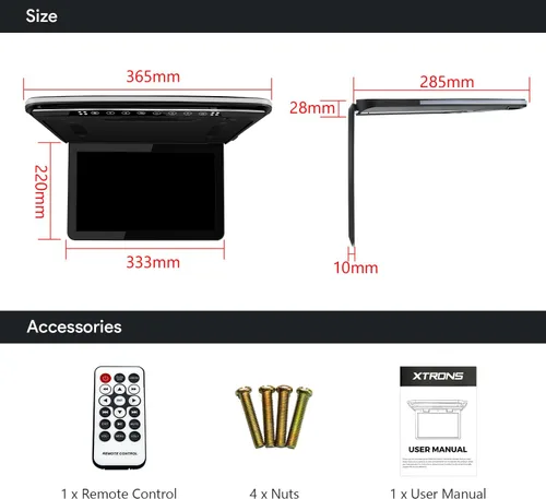 Vista 9 de XTRONS Reproductor de techo de coche de 13.3 pulgadas ultrafino 1920 * 1080 FHD pantalla montado en el techo del coche soporte HDMI, USB