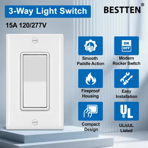 Vista 2 de BESTTEN Paquete de 4 interruptores de luz decorativa de 3 vías con placa de pared, 15 A, 120/277 V, interruptor de paleta basculante de Blanco
