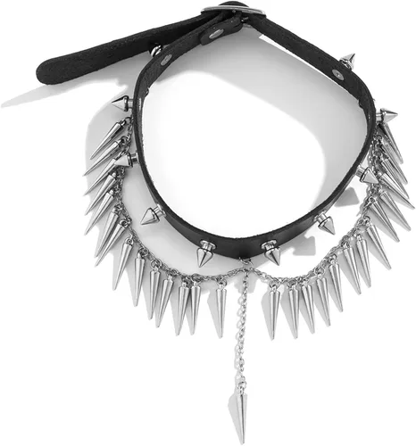 Vista 4 de CHICYOHO Collar de cuero de Halloween con picos de río gótico, gargantilla con tachuelas para mujeres y niñas