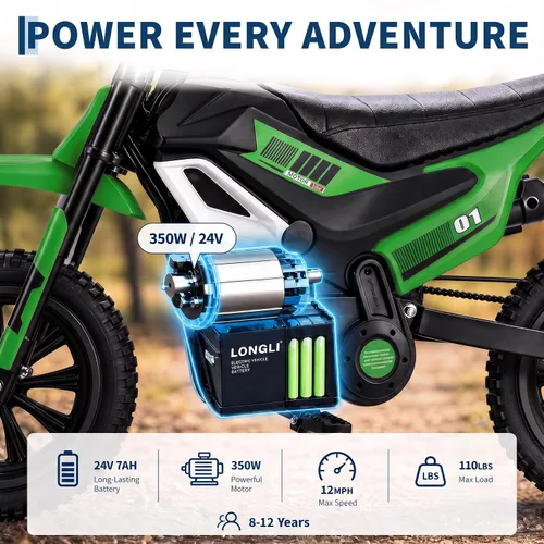 Vista 5 de Garvee Bicicleta de cross eléctrica de 24 V para niños de 5 +, 12 MPH Greena