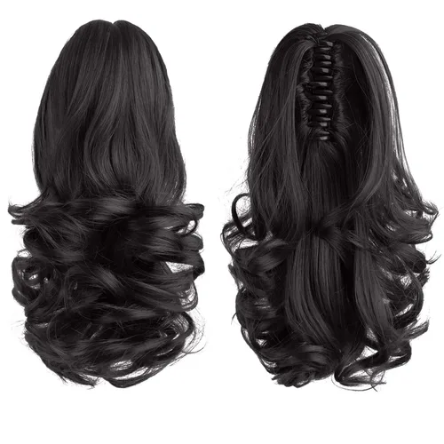 Vista 4 de Extensiones de cola de caballo de color negro, pinza de extensiones de cabello rizado para mujer, extensiones de cabello sintético de cola