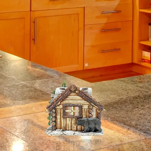 Vista 7 de BestGiftEver Juego de saleros y pimenteros con soporte, diseño de oso y cabaña para cocina estilo cabaña, decoración rústica de poliresina
