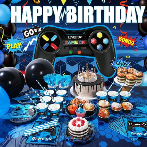 Vista 6 de Tatuo 152 piezas de suministros para fiesta de cumpleaños de videojuegos, cubierta de mesa para fiesta de jugadores, telón de fondo de feliz