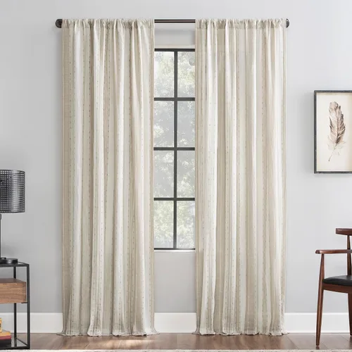 Vista 13 de Archaeo Cenefa de cortina de algodón a rayas con textura Slub, 52 x 14 pulgadas, negro/blanco