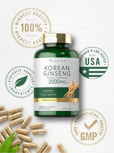 Vista 6 de Carlyle Cápsulas de ginseng coreano 2000 mg 200 unidades Suplemento de extracto de Panax estandarizado Fórmula sin OMG y sin gluten
