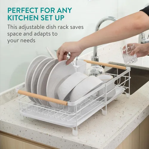 Vista 2 de Navaris Escurridor extensible para platos – Tabla de drenaje ajustable para secar platos – Platos extraíbles y soporte para cubiertos – Escurridor