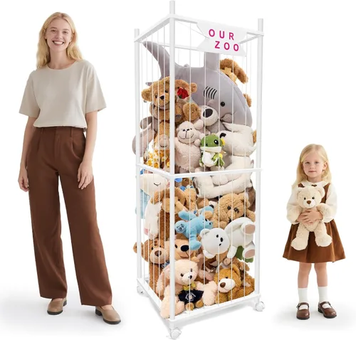 Vista 11 de Zoológico de almacenamiento de animales de peluche con ruedas, soporte de madera grande para animales de peluche, organizador de juguetes