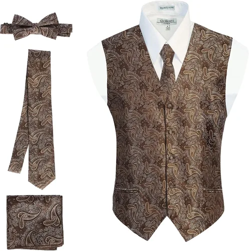 Vista 21 de Gioberti Chaleco formal de cachemira de 4 piezas para hombre, corbatín y pañuelo de bolsillo Negro B