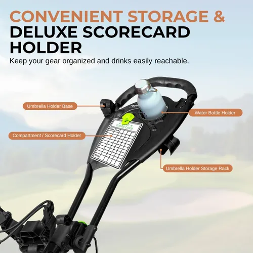 Vista 5 de JOVIAL Foldable 3 Wheel Junior Golf Push Cart, Lightweight Aluminum Pull Cart with Deluxe Scorecard Holder, Adjustable Handle, Quick Brake System