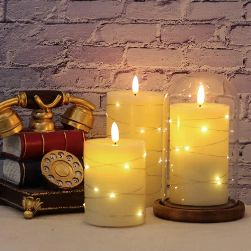 Vista 6 de Velas sin llama parpadeantes con luz de cadena y temporizador remoto, juego de 3 velas de columna operadas con baterías, cera real, mecha 3D, luz