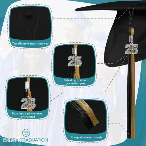 Vista 3 de Endea Graduation Borla de doble color con dije de plata brillante (negro/oro antiguo, 2025)