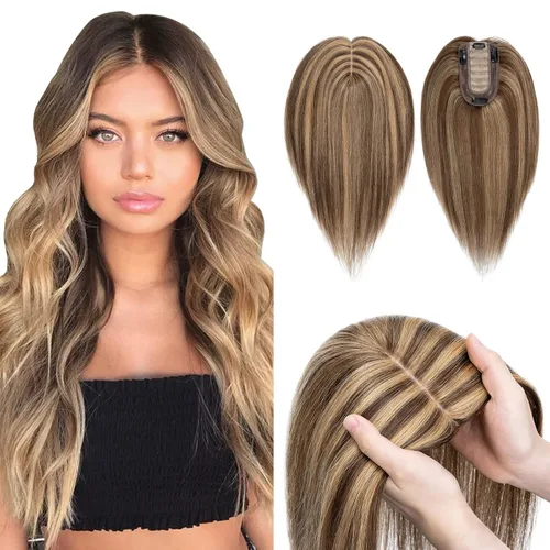 Vista 29 de Hairro Toppers de cabello humano 100% real para mujeres sin flequillo, postizos de cabello real con clip, base de seda transpirable para cubrir