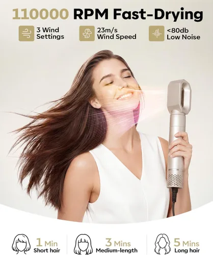 Vista 6 de Moldeador de Aire Caliente 8 en 1 de Doble Voltaje y Cepillo Secador de Cabello con Accesorios Alisador y Rizador, 110,000 RPM Secado Rápido Iónico