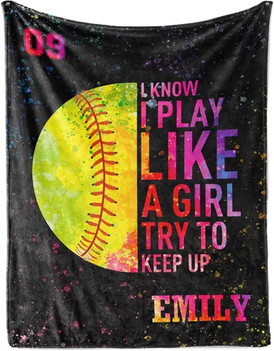 Vista 10 de Manta de sóftbol personalizada con nombre y número, manta de sóftbol personalizada de franela súper suave, regalo de sóftbol para niños, niñas
