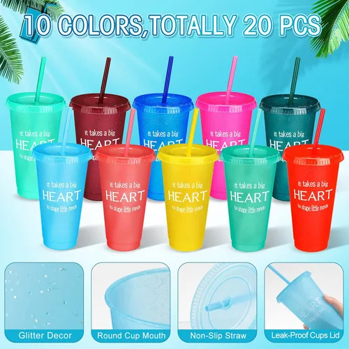 Vista 2 de Gerrii 20 vasos de agradecimiento para maestros de fin de año, con pajitas y tapas, vasos reutilizables con purpurina para café helado, regalo