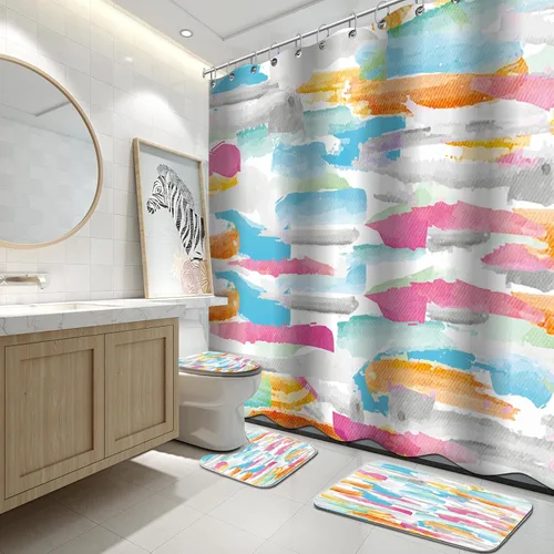 Vista 8 de Lnond 4 Piezas Juegos de Cortinas de Ducha de Baño Moradas con Alfombras, Arte de Pintura Púrpura y Gris Juegos de Baño con Cortina de Ducha
