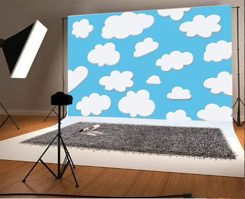 Vista 3 de Laeacco Fondo de dibujos animados de 7 x 5 pies, cielo azul, nubes blancas, fondo de fotografía para fiesta temática de cumpleaños, baby shower