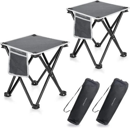 Vista 8 de Triple Tree - 1 taburete plegable para campamento, taburete pequeño portátil ligero de 13.8 pulgadas con bolsillo lateral, taburete con bolsa de Gris