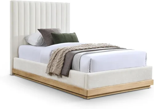 Vista 14 de Meridian Furniture B1245Beige-T Emmet Collection Modern Cama individual contemporánea con tela de felpilla beige suave, acabado de nogal, base