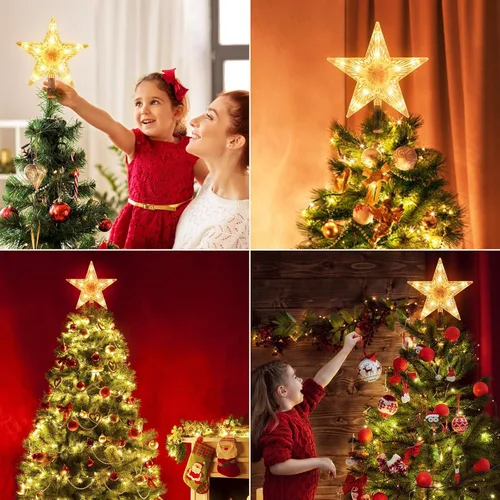 Vista 3 de Estrella iluminada para la punta del árbol de Navidad con 10 bombillas reemplazables integradas, estrella de cinco puntas transparente de 9.5