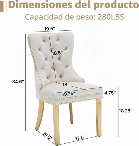 Vista 3 de Juego de 2 sillas de comedor, patas de metal dorado, anillo de león sofisticado, color beige Beige (oro)