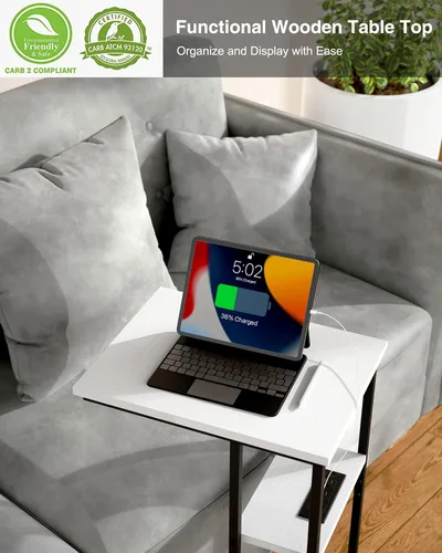Vista 8 de Innerjoin Mesa auxiliar con estación de carga, juego de 2, mesa auxiliar en forma de C con tira de luz LED, puertos USB A y C de carga rápida, mesa