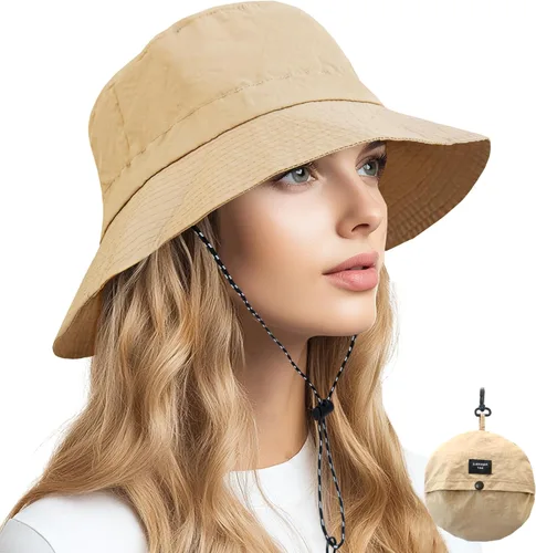 Vista 27 de NPQQUAN Sun Bucket Hats for Woman Men Lightweight Sun Hat Packable Foldable Beige