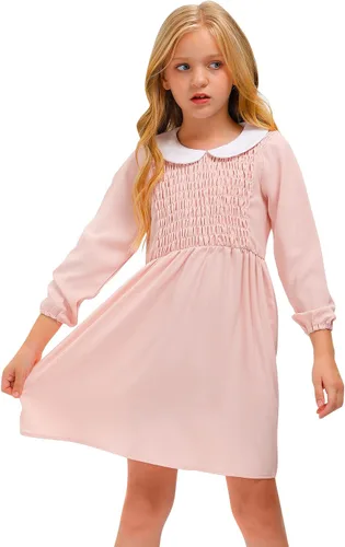 Vista 4 de BesserBay Vestido midi fruncido rosa con cuello Peter Pan para niña de 4 a 14 años