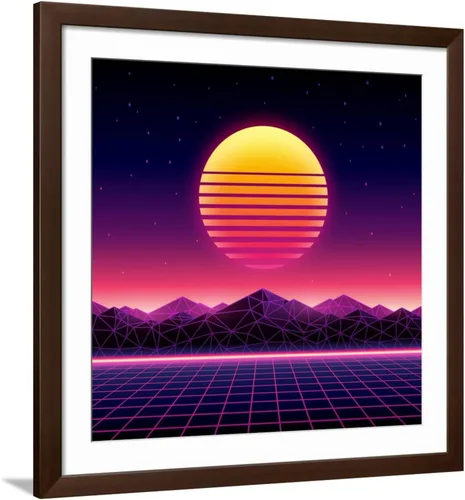 Vista 15 de ART.COM Wall Art Print Retro Futuristic Background 1980S Style. Digital Landscape in a Cyber World. Retro Wave Music Album on Black Frame by Kelvin