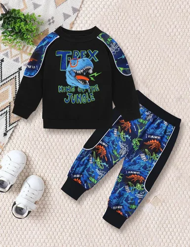 Vista 9 de KANGKANG Conjunto de sudadera de manga larga con estampado de letras para niños pequeños, conjunto de pantalones con estampado de dinosaurio