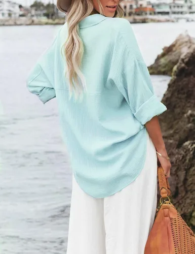 Vista 2 de Esmeling Blusa casual de gran tamaño con botones para mujer, manga larga, cuello de solapa, ajuste holgado